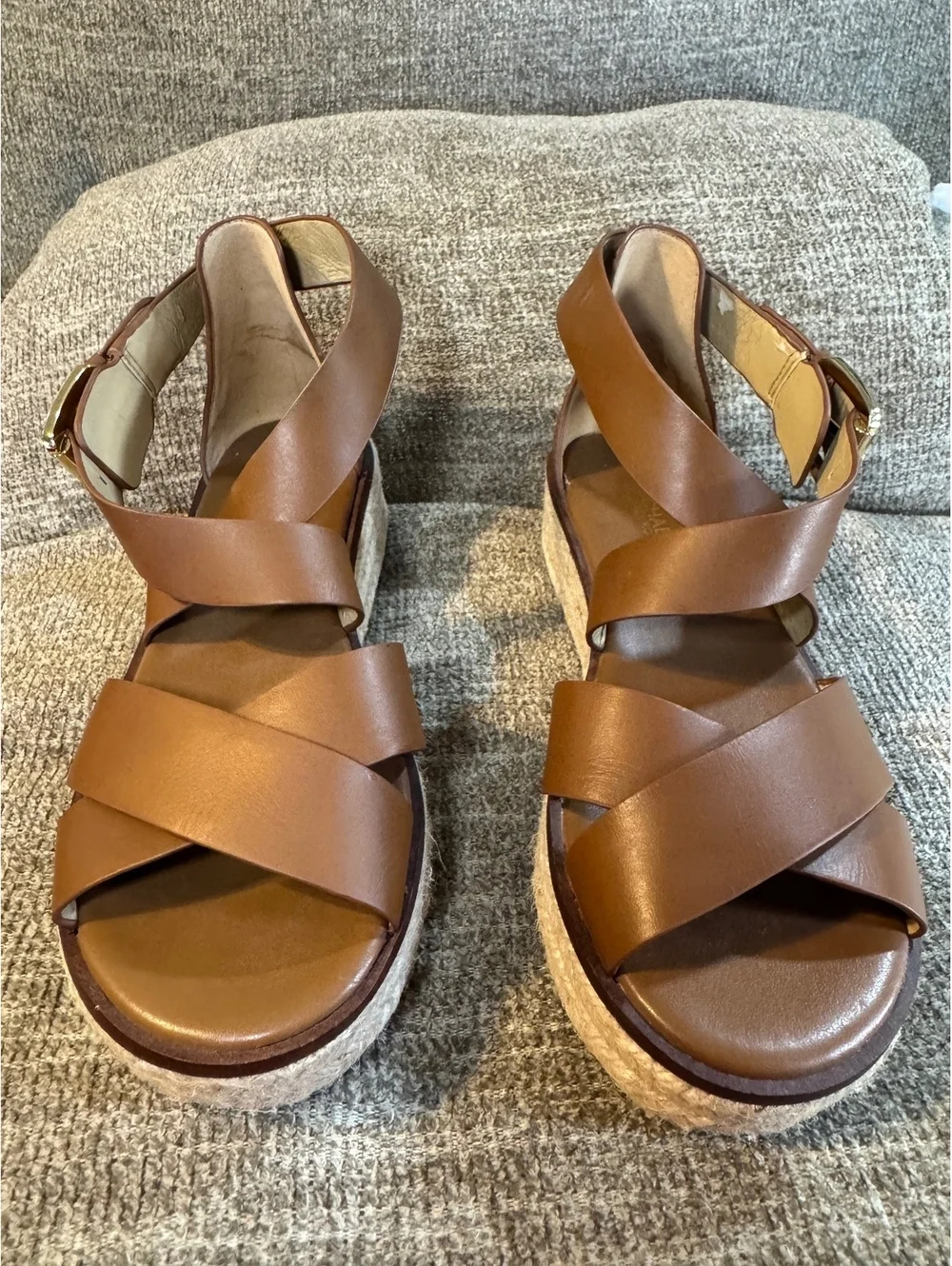 MICHAEL Michael Kors Darby Leather Espadrille Wedge Sandals Brown Size 6M